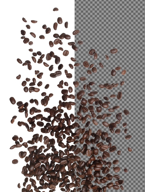 Los granos de café caen, se derraman en grupo, las semillas de café flotan, explotan, las nubes abstractas vuelan, los granos de Café salpican, se lanzan en el aire, el fondo blanco, el movimiento de congelación del obturador de alta velocidad aislado.