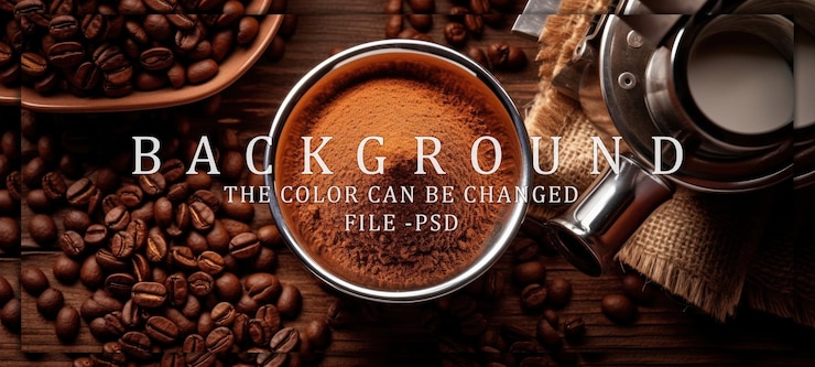 PSD granos de café y café molido en un cuenco de metal