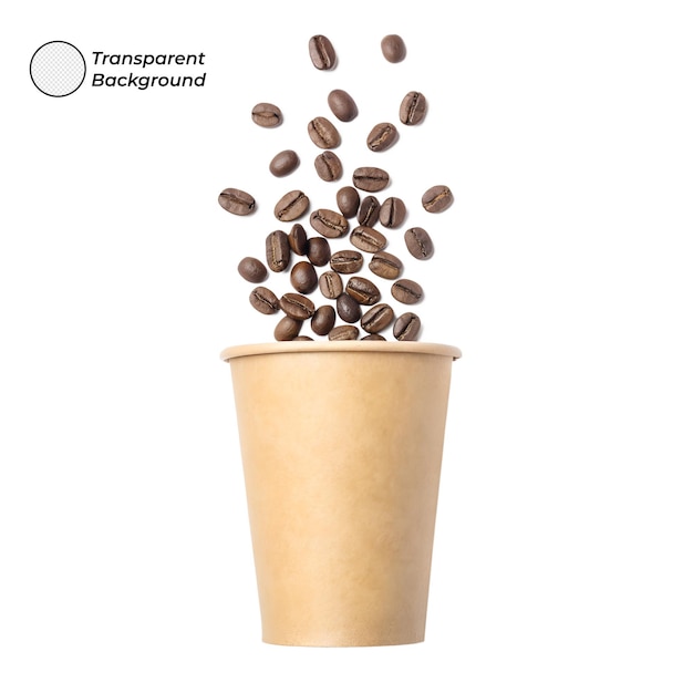 Los granos de café cayendo en una taza de papel