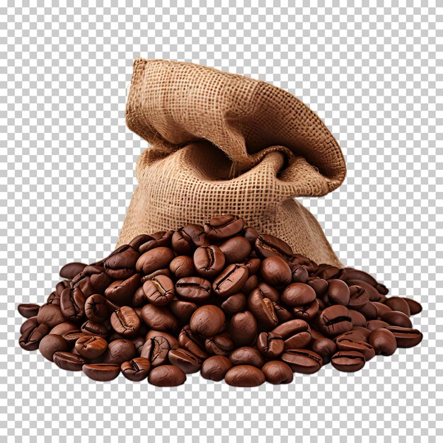 PSD granos de café derramados de la bolsa aislados en un fondo transparente
