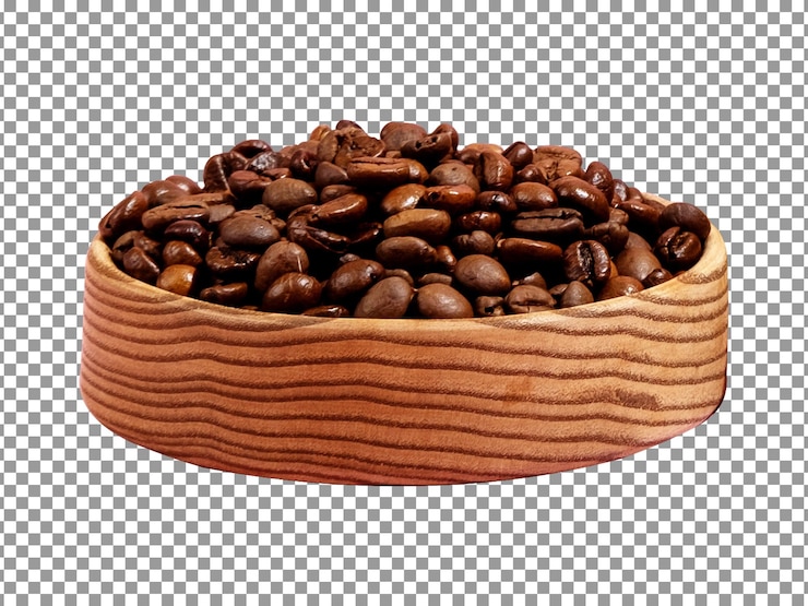PSD granos de café frescos en un tazón de madera con fondo transparente