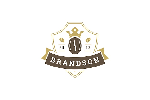 Granos de café de lujo en escudo heráldico diseño de plantilla de logotipo de cafetería de corona medieval