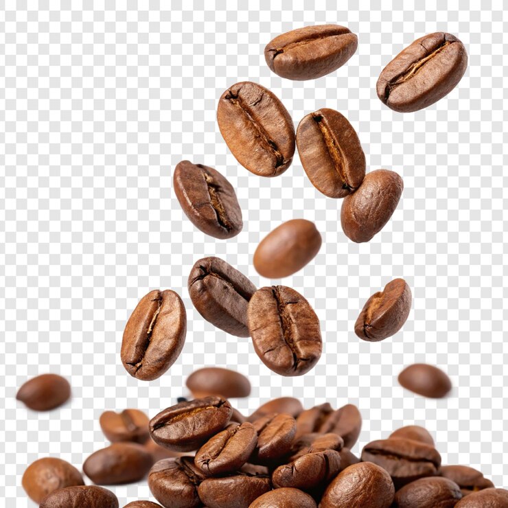 Los granos de café que caen contra un fondo transparente