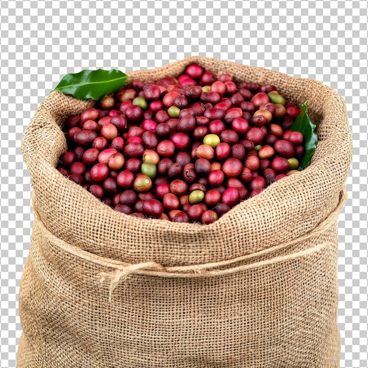 PSD granos de café recién cosechados en saco de arpillera listos para su procesamiento transparente