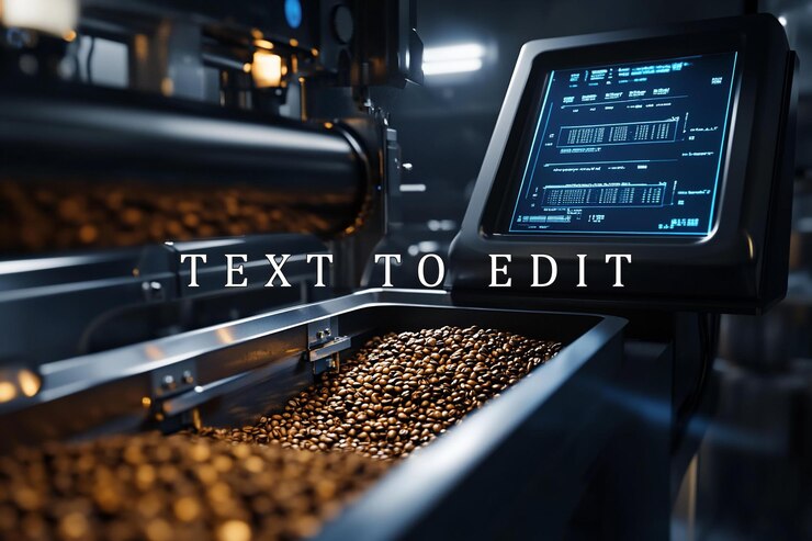 PSD granos de café tostados en una cinta transportadora en una instalación de procesamiento moderna con un panel de control digital