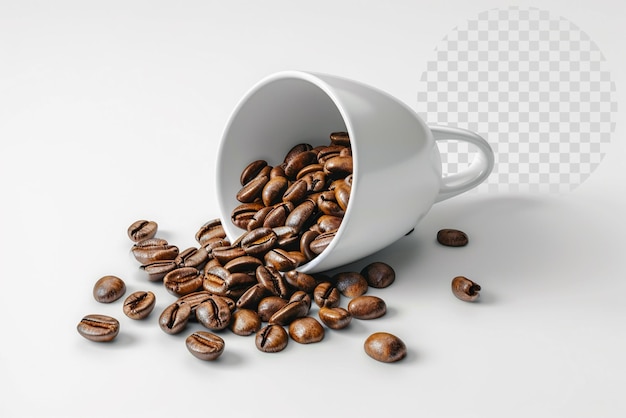 Los granos de café tostados se derraman de una taza blanca sobre un fondo transparente
