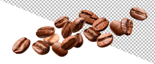 PSD grãos de café caindo isolados no fundo branco com traçado de recorte