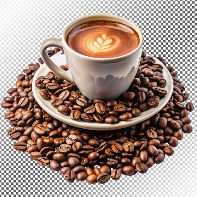 grãos de café deliciosos e xícara em fundo transparente