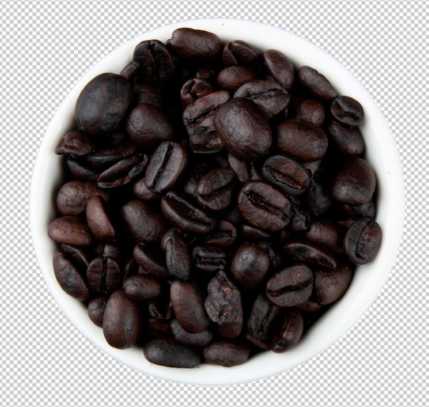 Grãos de café torrados em tigela com fundo transparente png