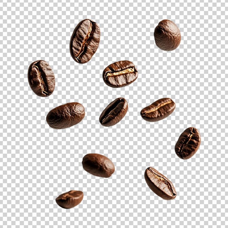 PSD grãos de café torrados voando com movimento dinâmico em fundo transparente