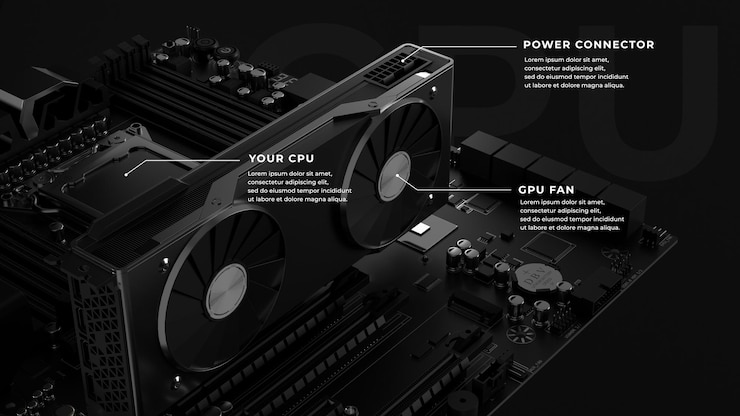 PSD graphic card attached on motherboard specification infographics 3d render