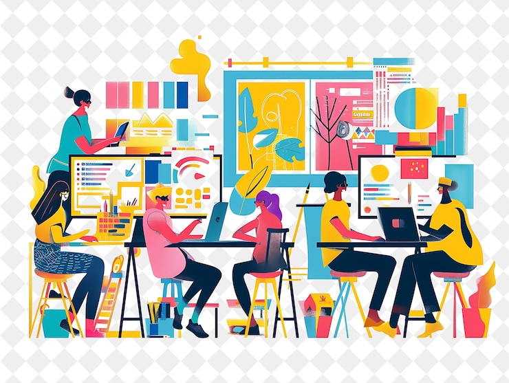 PSD graphic designer giocoso con personaggi che progettano e creano persone png nell'illustrazione del lavoro quotidiano