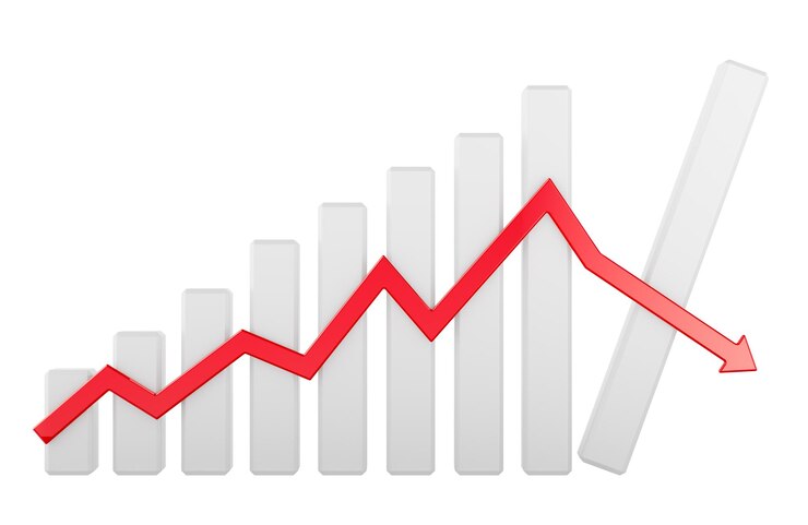 PSD graphique à barre avec croissance flèche rouge et accident à la fin rendu 3d isolé sur fond transparent