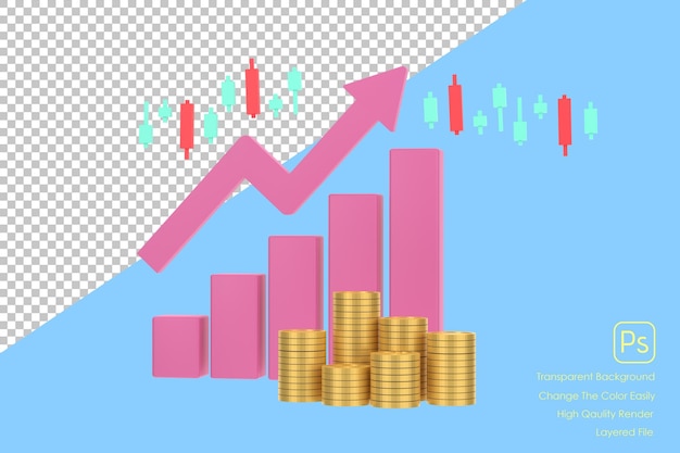 Graphique à barres et bouclier de profit de flèche montante rose 3D avec plusieurs arrangements de pièces de monnaie