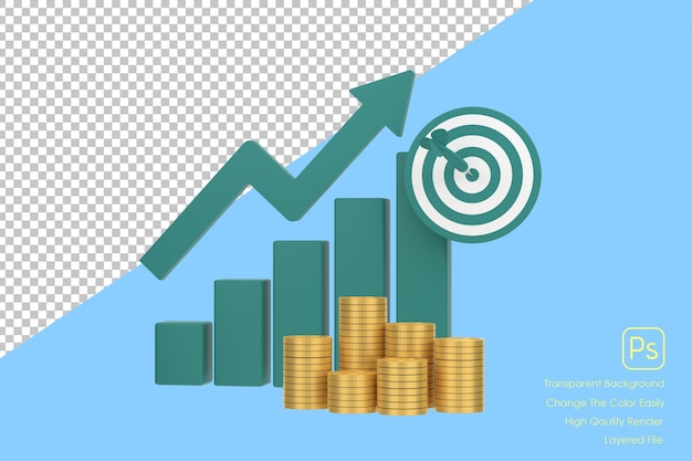 Graphique à barres et bouclier de profit à flèche montante verte 3D avec plusieurs arrangements de pièces