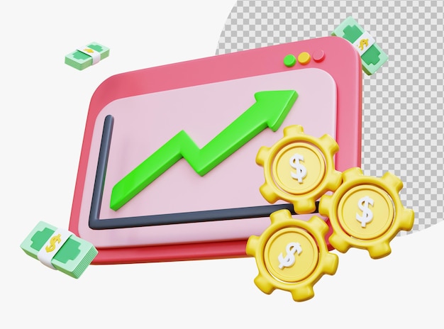 Graphique d'entreprise avec de l'argent en dollars et des pièces d'argent Graphique d'investissement à l'aide d'une entreprise de financement Rapport et présentation des données du graphique Concept de gestion financière Rendu 3D