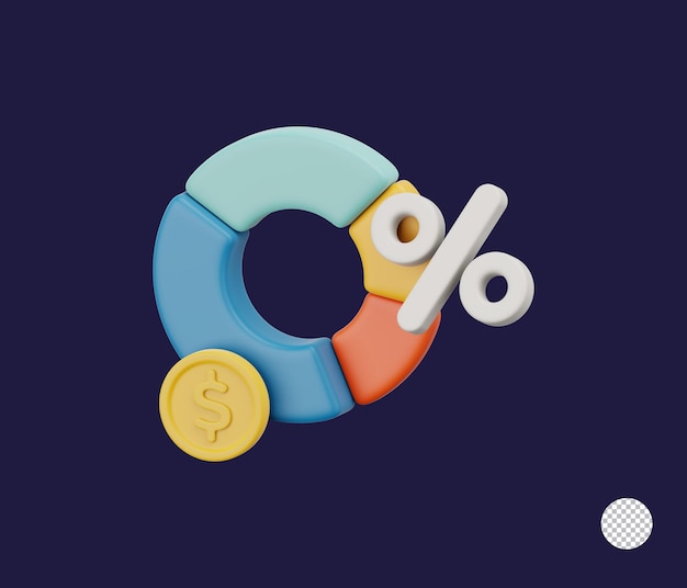 Graphique de finances 3D graphique de beignets colorés avec une pièce d'un dollar et un symbole de pourcentage