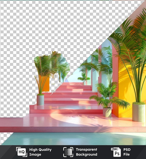 PSD graphique de lobby psd transparent de haute qualité avec fond de bâtiment à marches rouges de plante verte à pot blanc