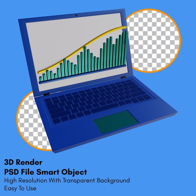 Graphique de tendance de rendu 3d sur l'icône d'ordinateur portable avec fond transparent