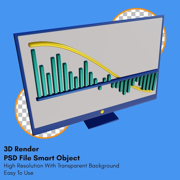 PSD graphique de tendance vers le bas de rendu 3d sur l'icône du moniteur avec fond transparent