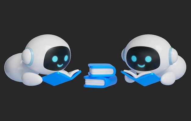 Graphiques 3D d'un personnage robot d'intelligence artificielle lisant un livre allongé