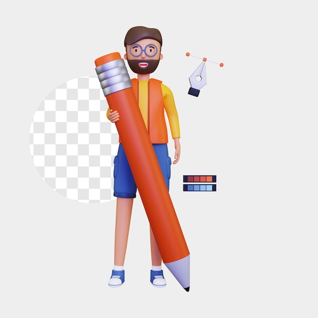 PSD graphiste 3d tenant un grand crayon