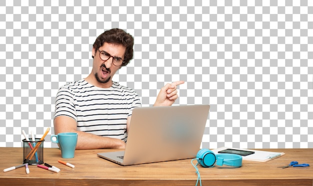 Graphiste jeune homme barbu. signe de rejet
