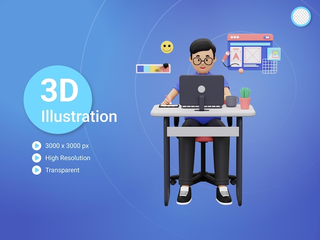 Graphiste masculin 3d travaillant sur l'ordinateur portable