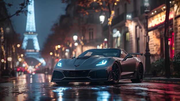 PSD graue chevrolet corvette auf den straßen von paris super auto desktop tapete