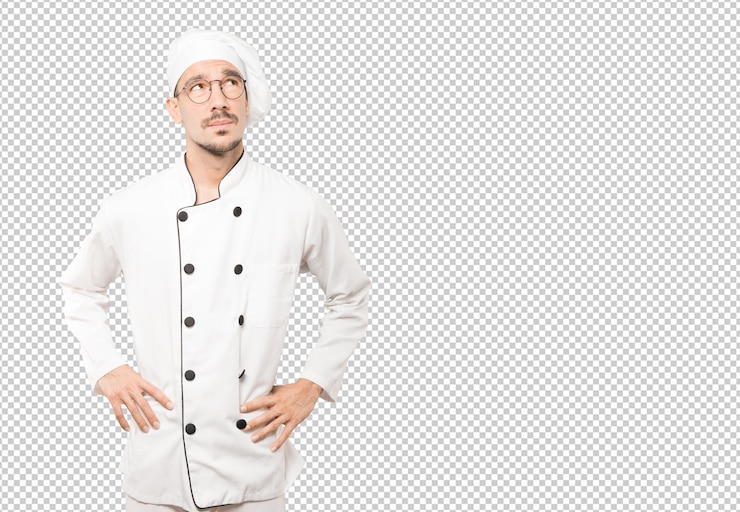 PSD grave jovem chef olhando contra o fundo