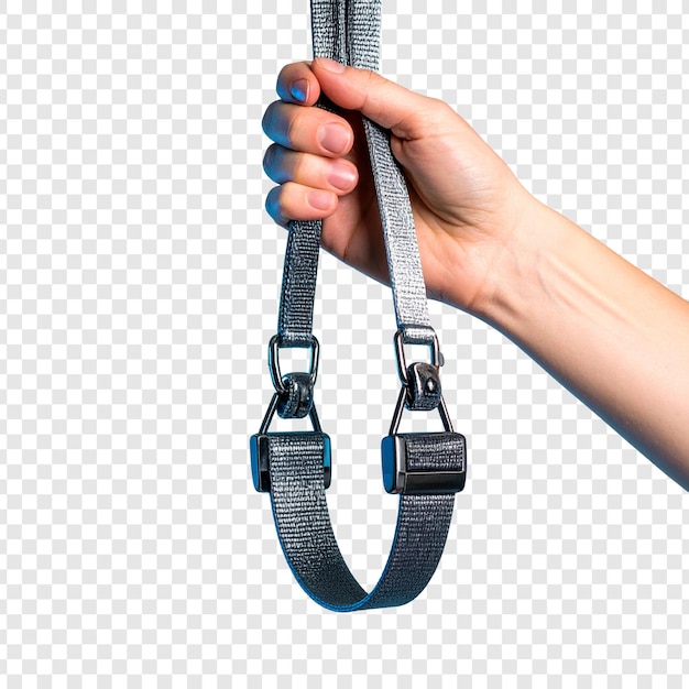 Gray camera strap held by a hand