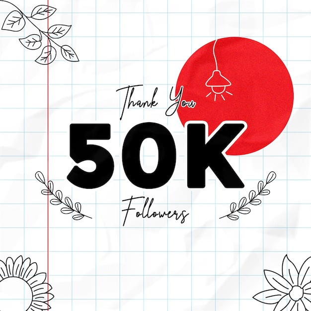 Grazie 50.000 follower social media piazza post modello fiore doodle carta a tema sfondo