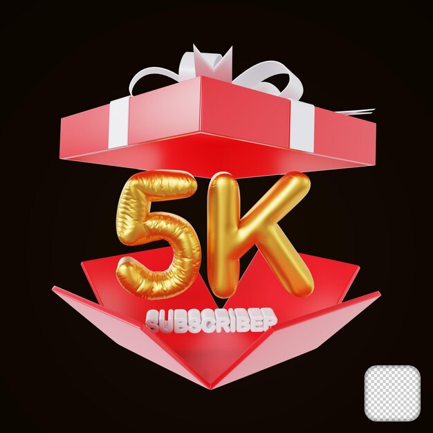 Grazie abbonato 5k con scatola regalo aperta congratulazioni illustrazione 3d