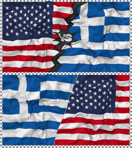 Grecia contra los Estados Unidos Media bandera combinada Tela textura de golpe Relación bilateral Renderización en 3D