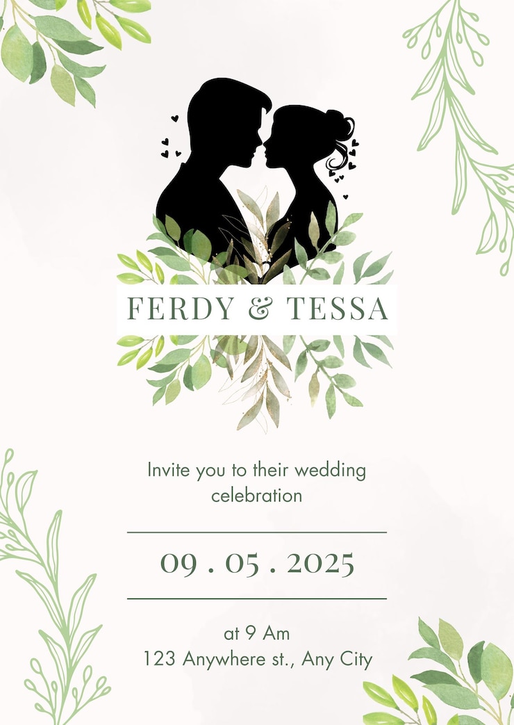 PSD green and cream floral wedding invitation portrait 1