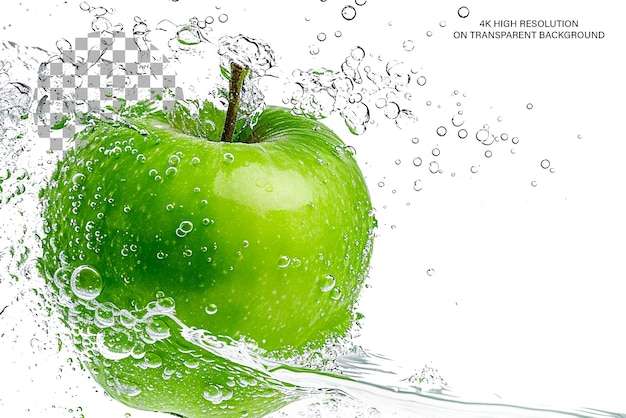 Green Apple Splash 3D realistische Darstellung eines Apfels in Splash auf durchsichtigem Hintergrund