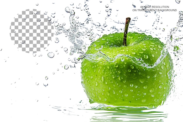 Green apple splash 3d representação realista de uma maçã em salpico em fundo transparente