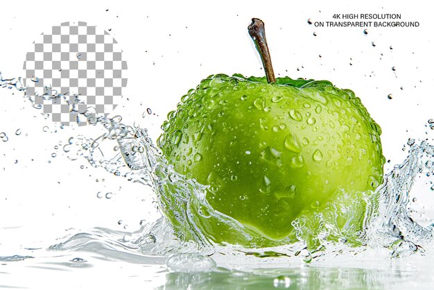 Green apple splash 3d representación realista de una manzana en salpicaduras sobre un fondo transparente