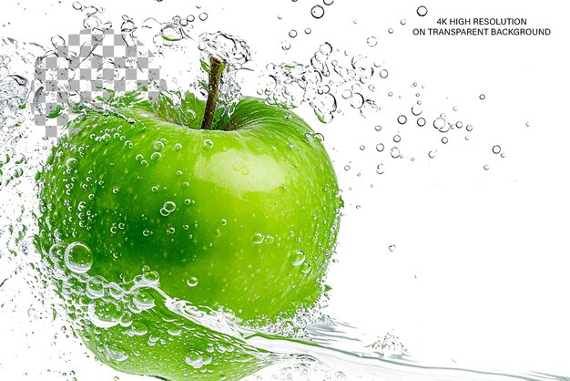 Green apple splash 3d representación realista de una manzana en salpicaduras sobre un fondo transparente