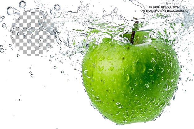 Green apple splash 3d representación realista de una manzana en salpicaduras sobre un fondo transparente