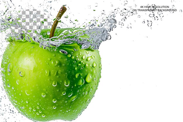 Green apple splash 3d representación realista de una manzana en salpicaduras sobre un fondo transparente