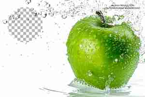 PSD green apple splash 3d représentation réaliste d'une pomme en éclaboussure sur un fond transparent