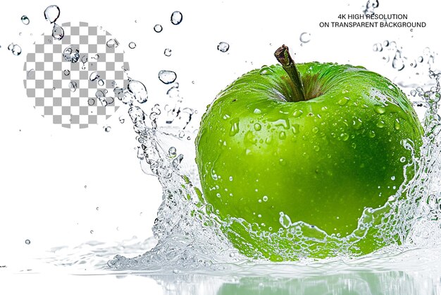 PSD green apple splash 3d représentation réaliste d'une pomme en éclaboussure sur un fond transparent