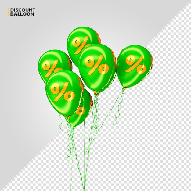 Green discount percent balloons 3d render für die komposition