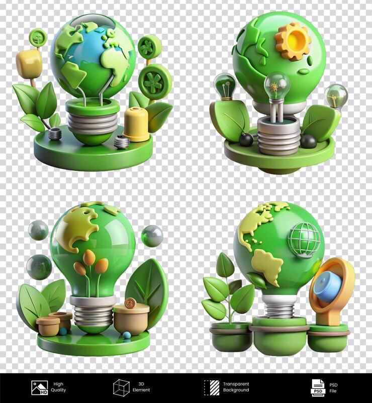PSD green earth lightbulb 3d render ilustraciones pack de concepto de energía ecológica