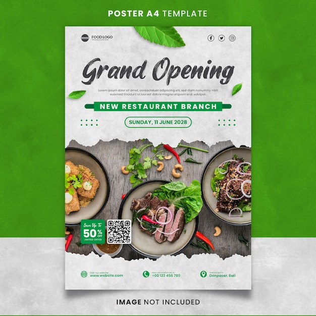 Green food und restaurant grand opening poster oder banner-vorlage