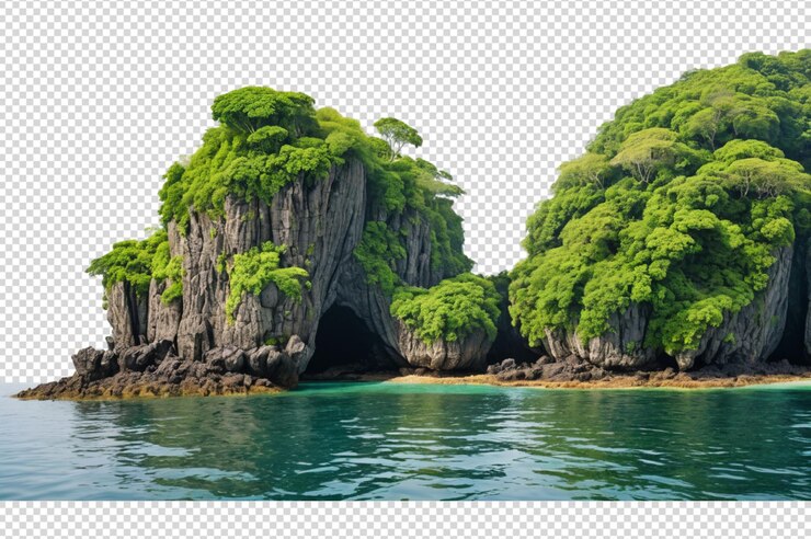 Green island with rocky cliffs rising high