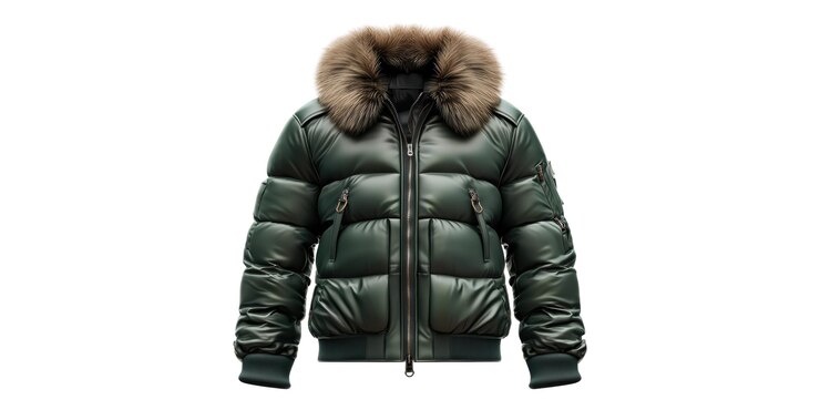 PSD green puffer jacket with fur collar isolated on transparent background