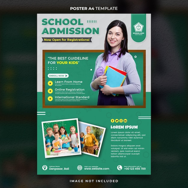 Green school admission poster oder banner-vorlage zum drucken bereit