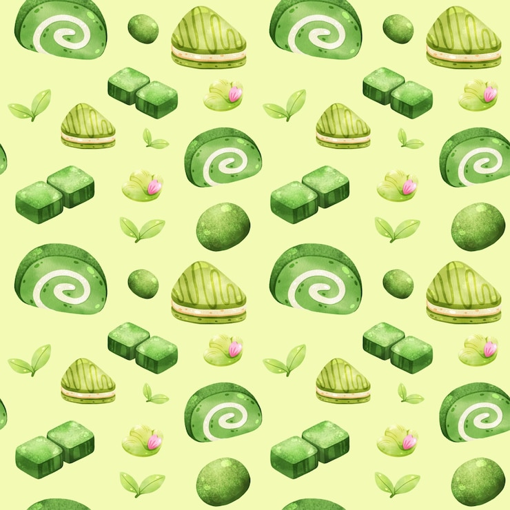 PSD green tea matcha nerikiri japanese dessert handdrawn digital painting pattern seamless design